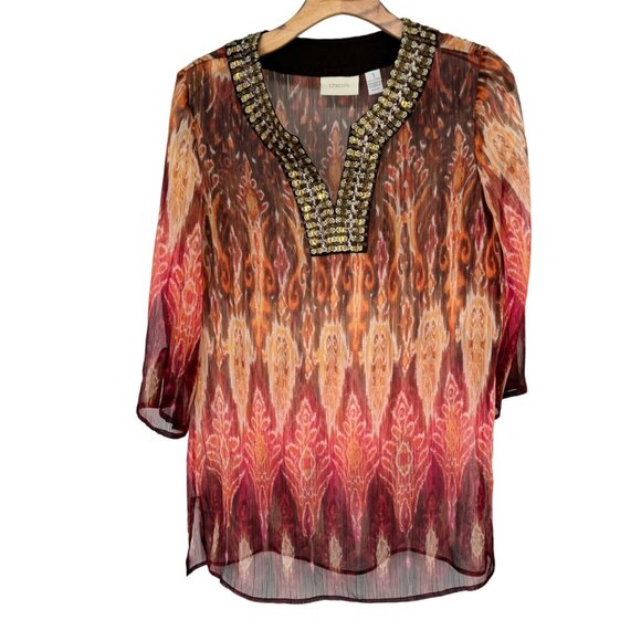 Chico's 1 semi Sheer Tunic Top Beaded Neckline 3/4 sleeve Size medium - Picture 1 of 11